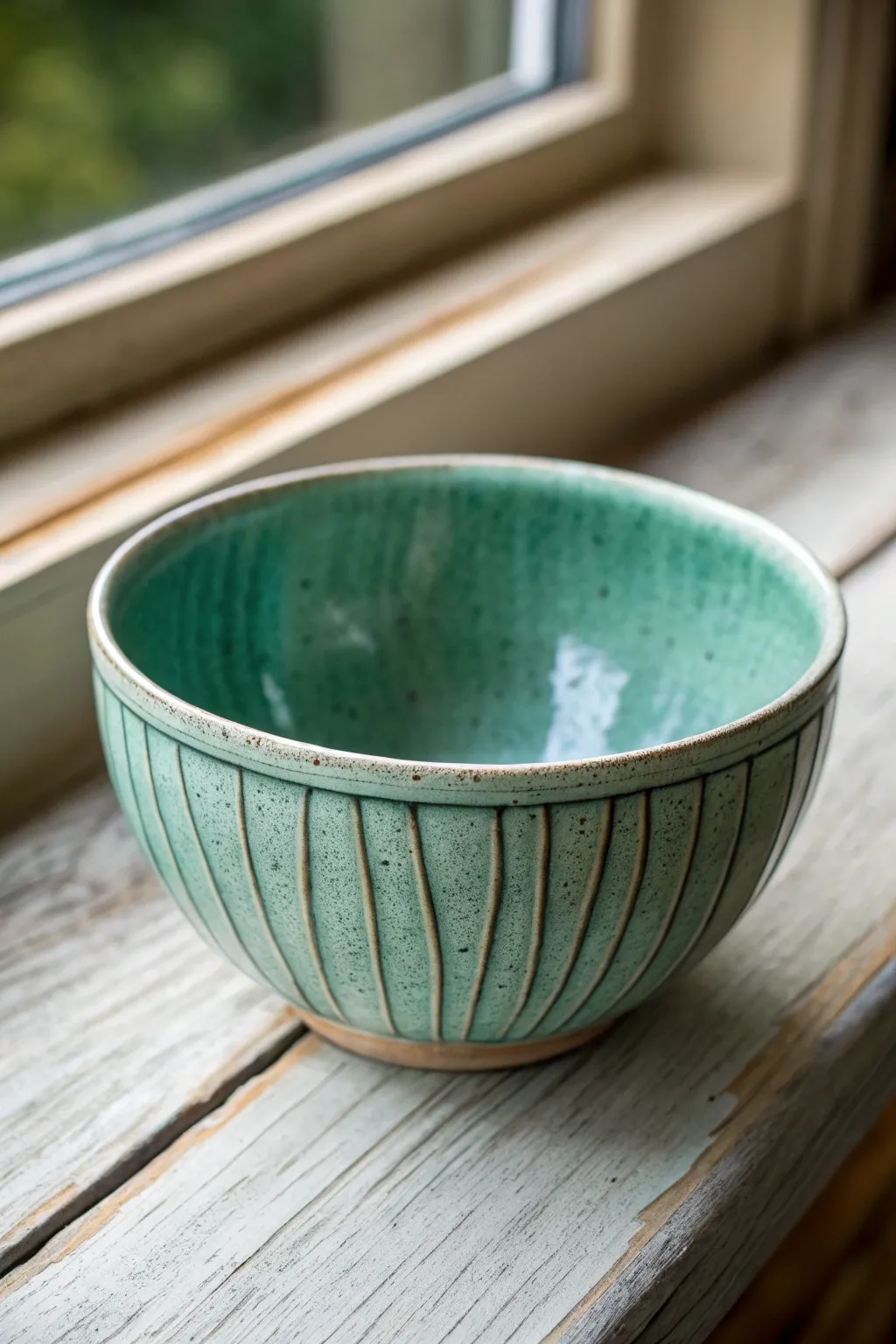 Celadon glaze pooling highlights every carve mark, softly glowing in calm Scandinavian light.