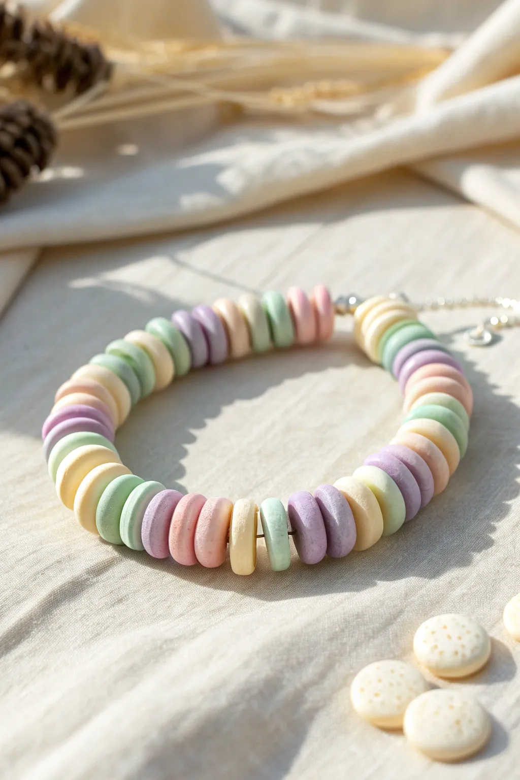Soft pastel clay disc bead bracelet stacked with white for a clean, modern pop