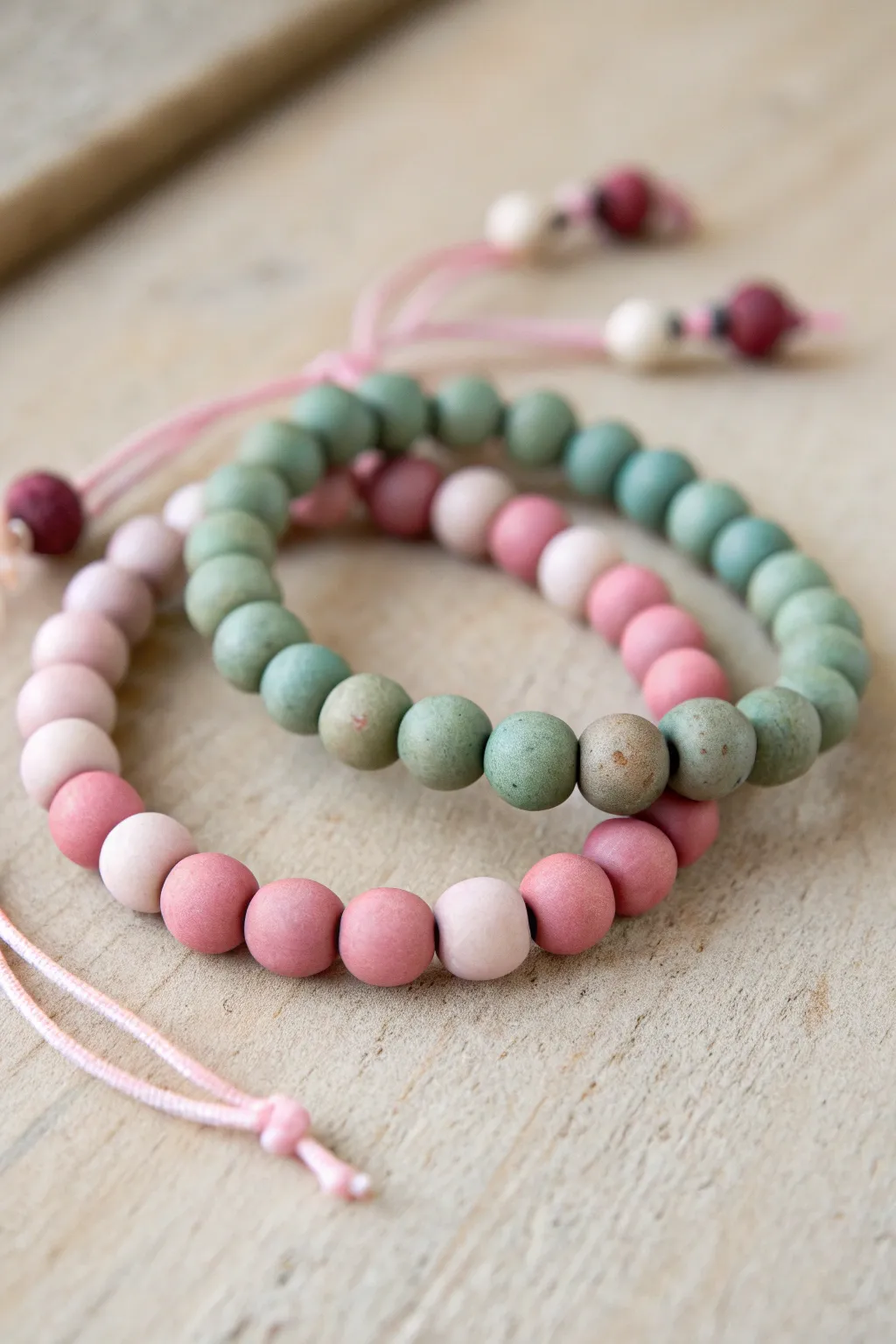 Soft ombre clay bracelet stack in blush and sage for an easy, minimalist boho look