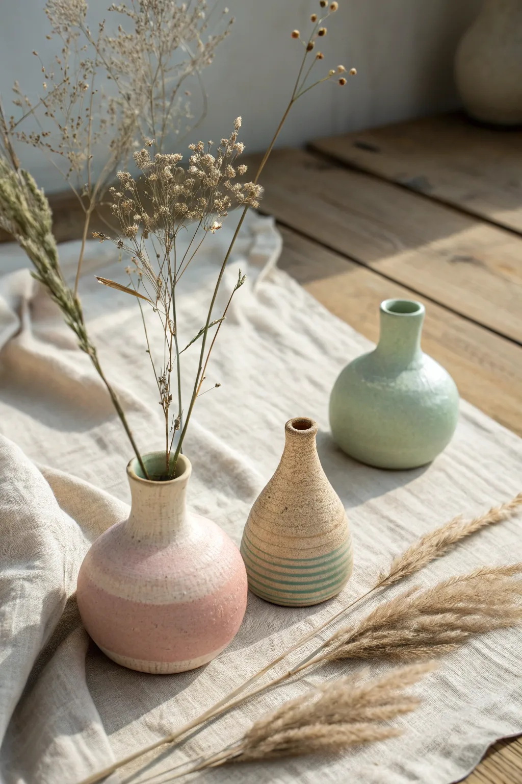 Mini bud vases in soft earthy pastels, each holding a single stem for simple handmade charm.
