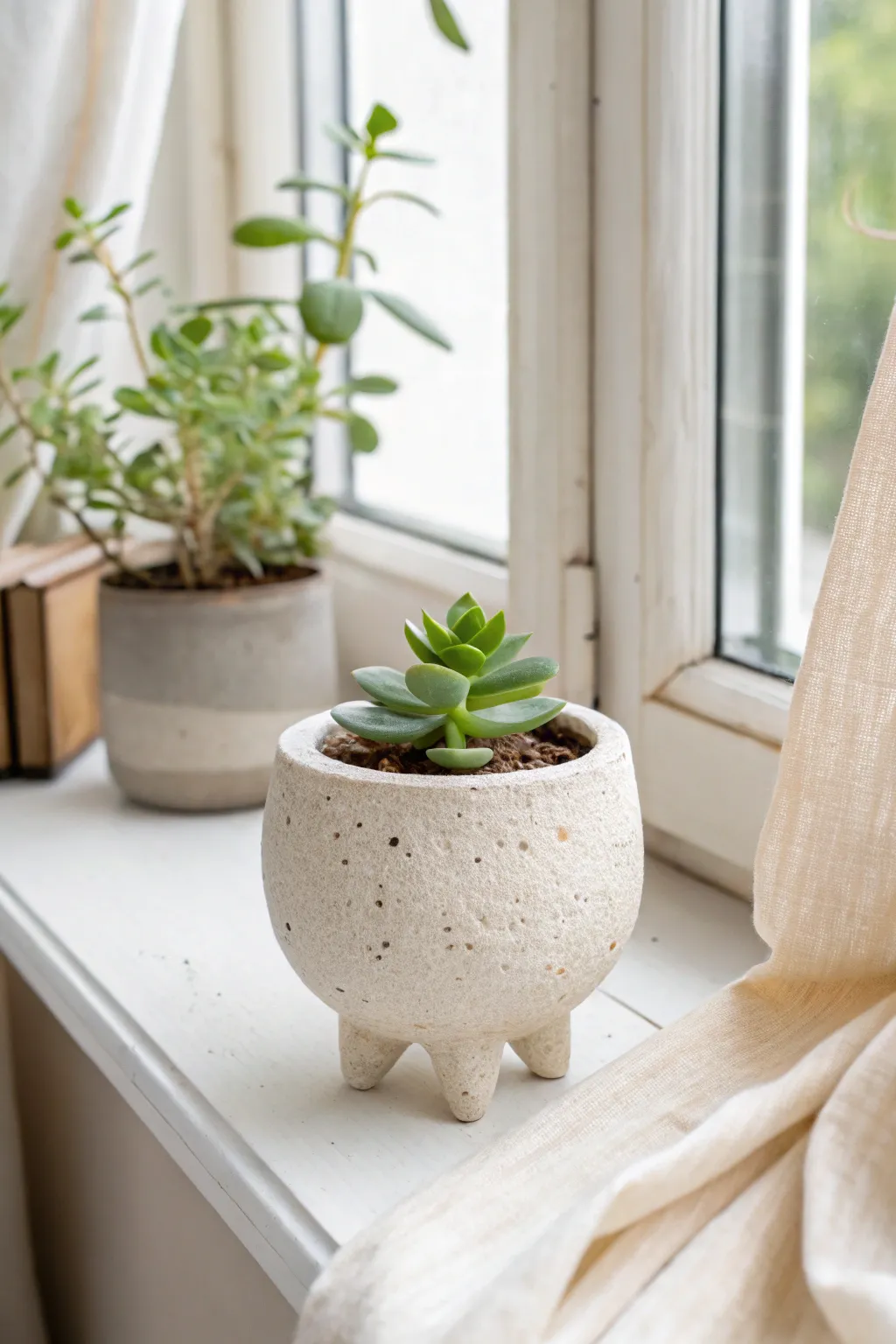 Modern three-footed clay planter with a tiny succulent, minimalist and sunlit for calm boho vibes.