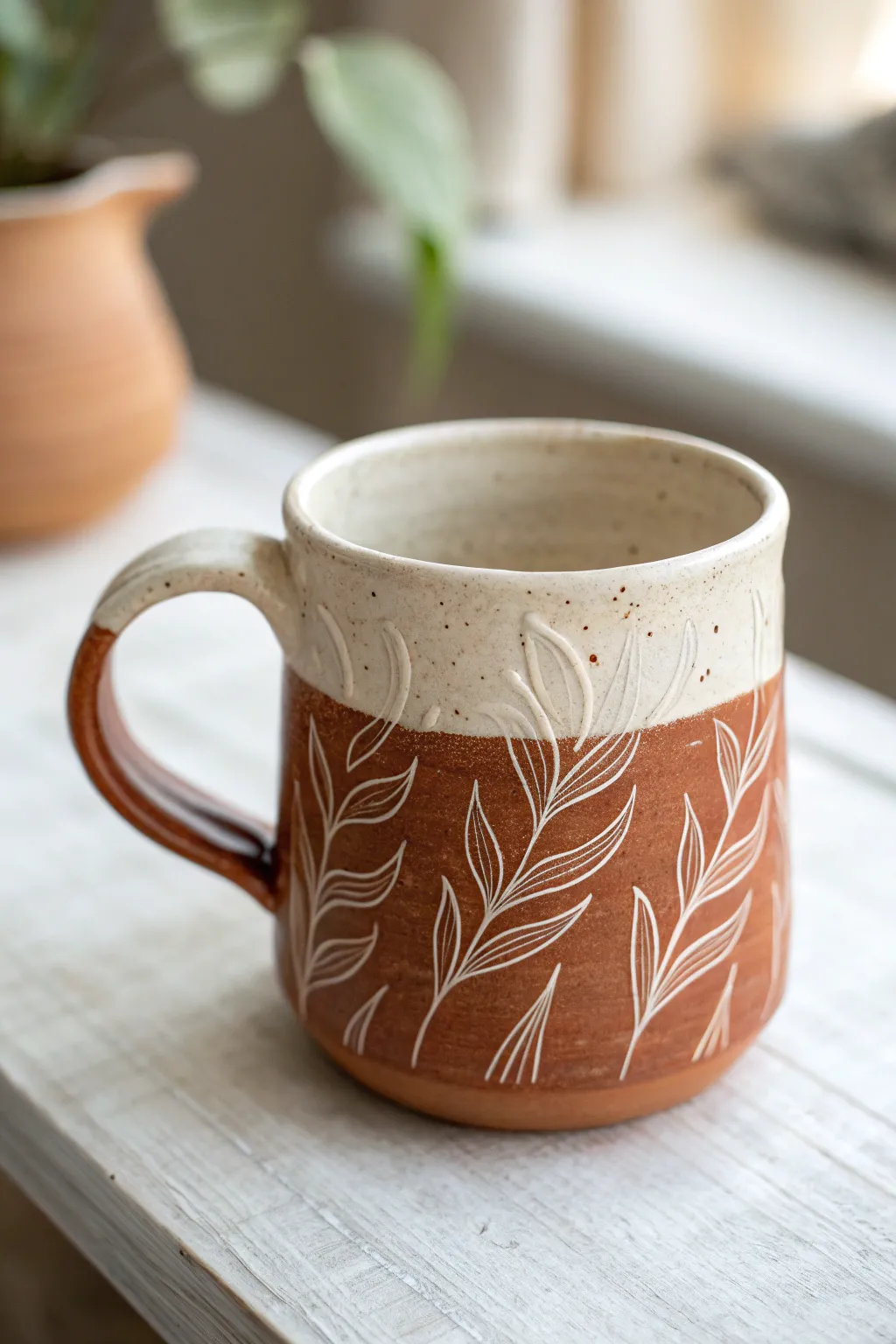 Minimal sgraffito mug with delicate carved lines and bold contrast for a calm handmade look