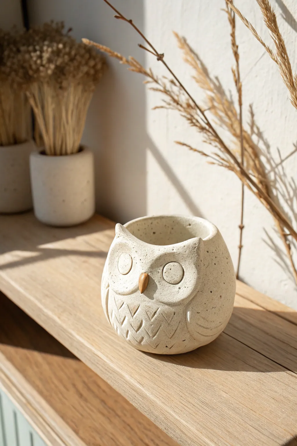 Sweet owl pinch pot buddy with subtle feather texture, styled on a minimalist shelf in soft light.