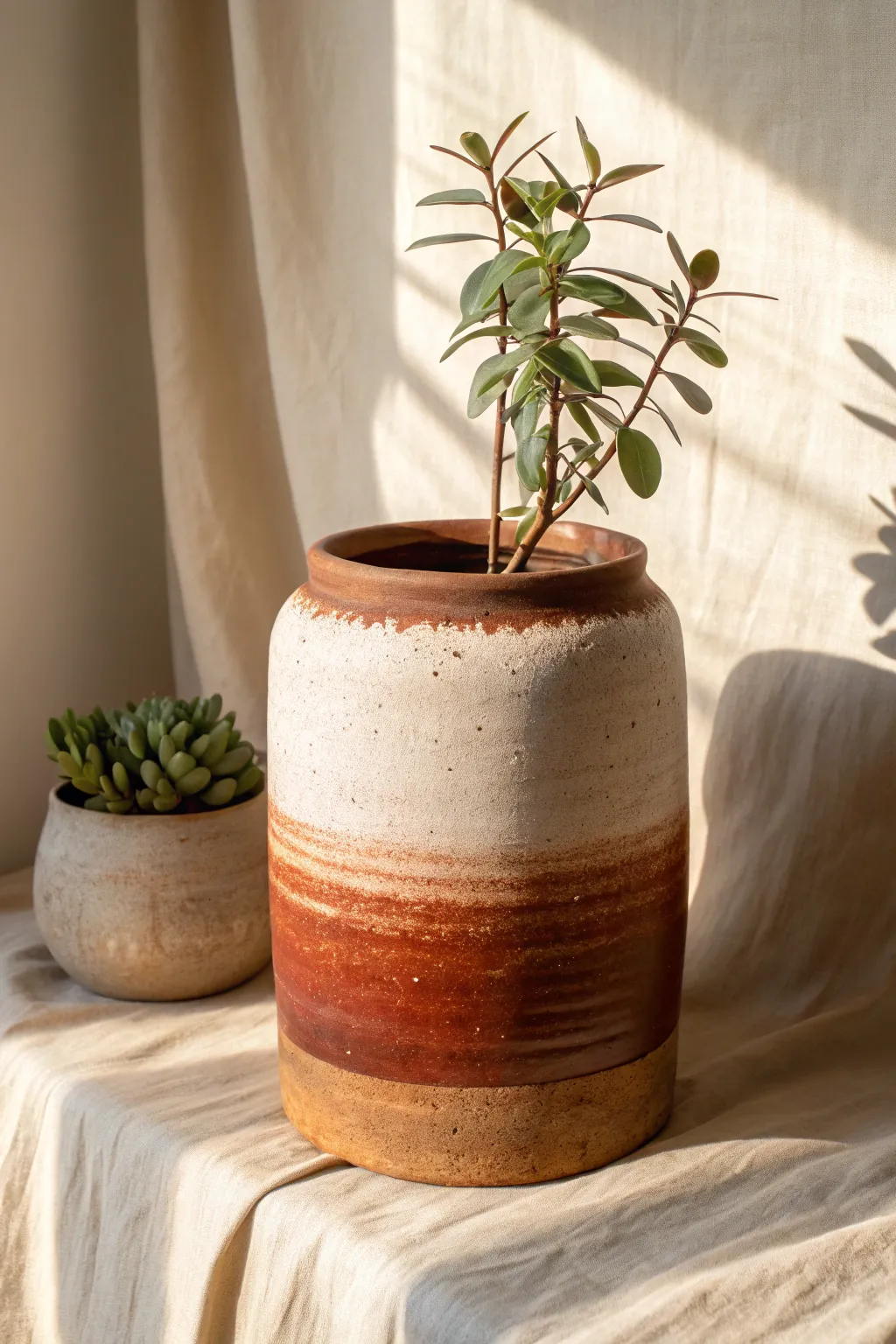 Tall terracotta pot with a smooth ombre fade, styled simply for calm minimalist boho vibes