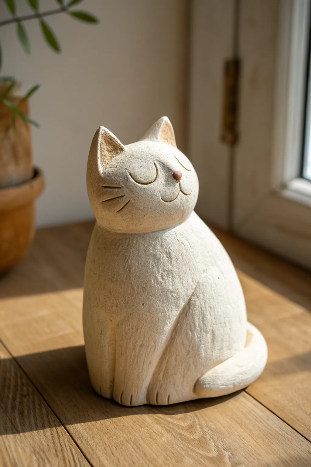 Simple clay cat loaf with subtle fur texture and painted eyes in a calm minimalist style