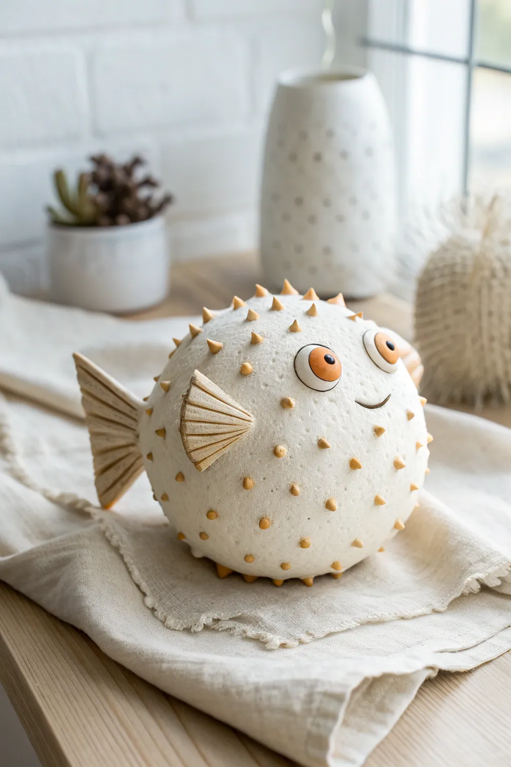 Easy puffer fish clay sculpture with poked texture and cute eyes, minimalist and boho