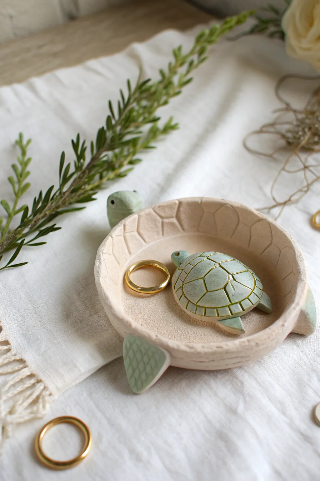 Sweet little turtle ring dish in soft clay tones, minimalist boho style, made to hold rings.