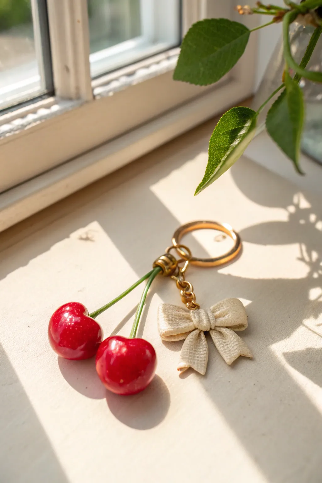 Sweet cherry charm keychain dangles with tiny bows, minimal and coquette in soft blush tones.