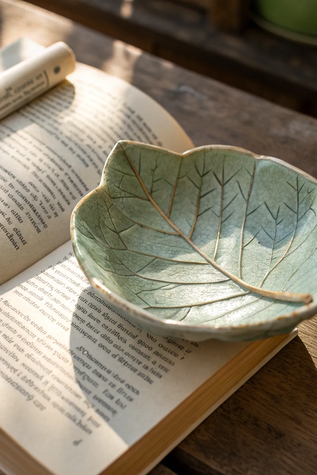 Muted sage leaf trinket bowl with soft curled edges for a cozy cottagecore touch