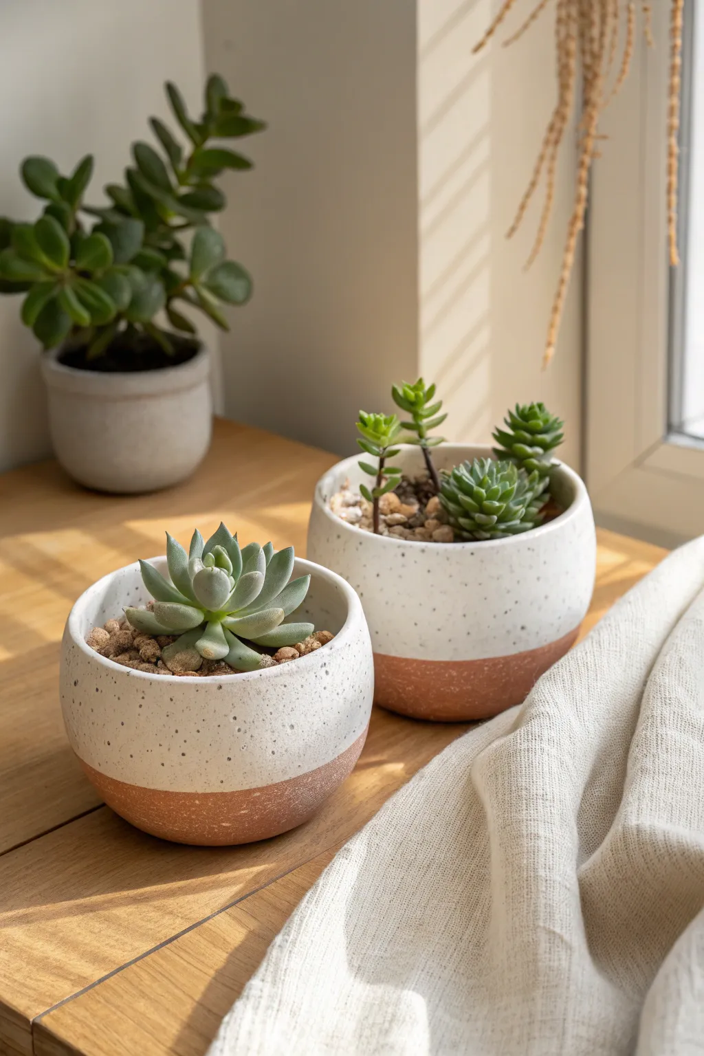 A cozy planter duo made for two, nestled together with soft greenery and calm neutral tones.