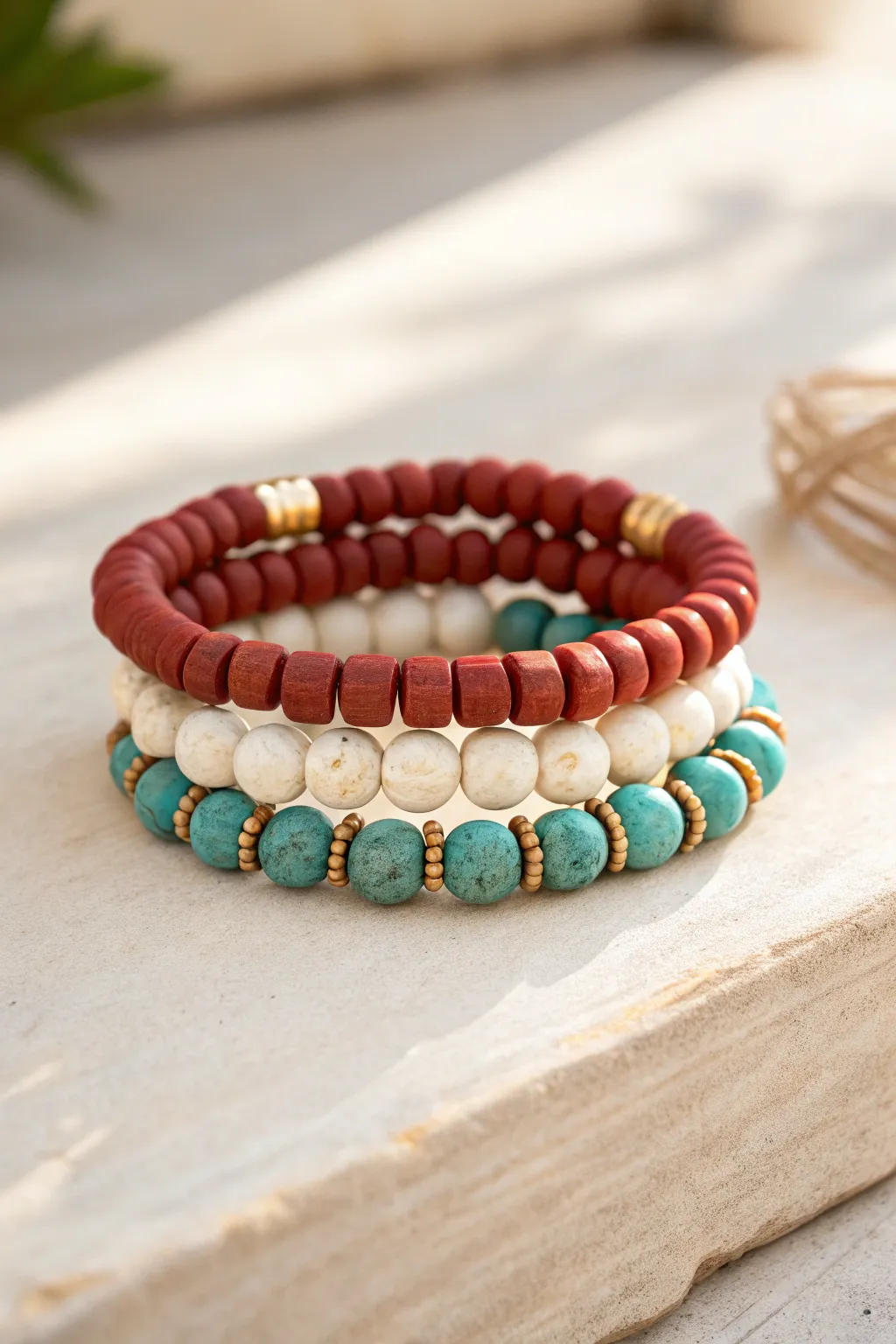 Rodeo chic in red, cream and turquoise clay beads, stacked for an easy cowgirl bracelet trio