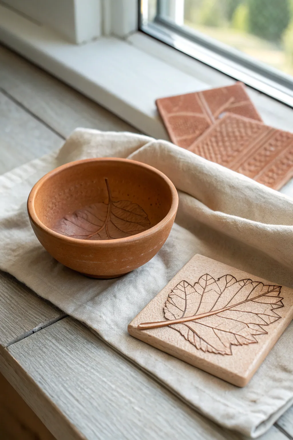 Leaf-imprint clay bowl with matching tiles in soft earthy tones, simple, calm, and tactile.