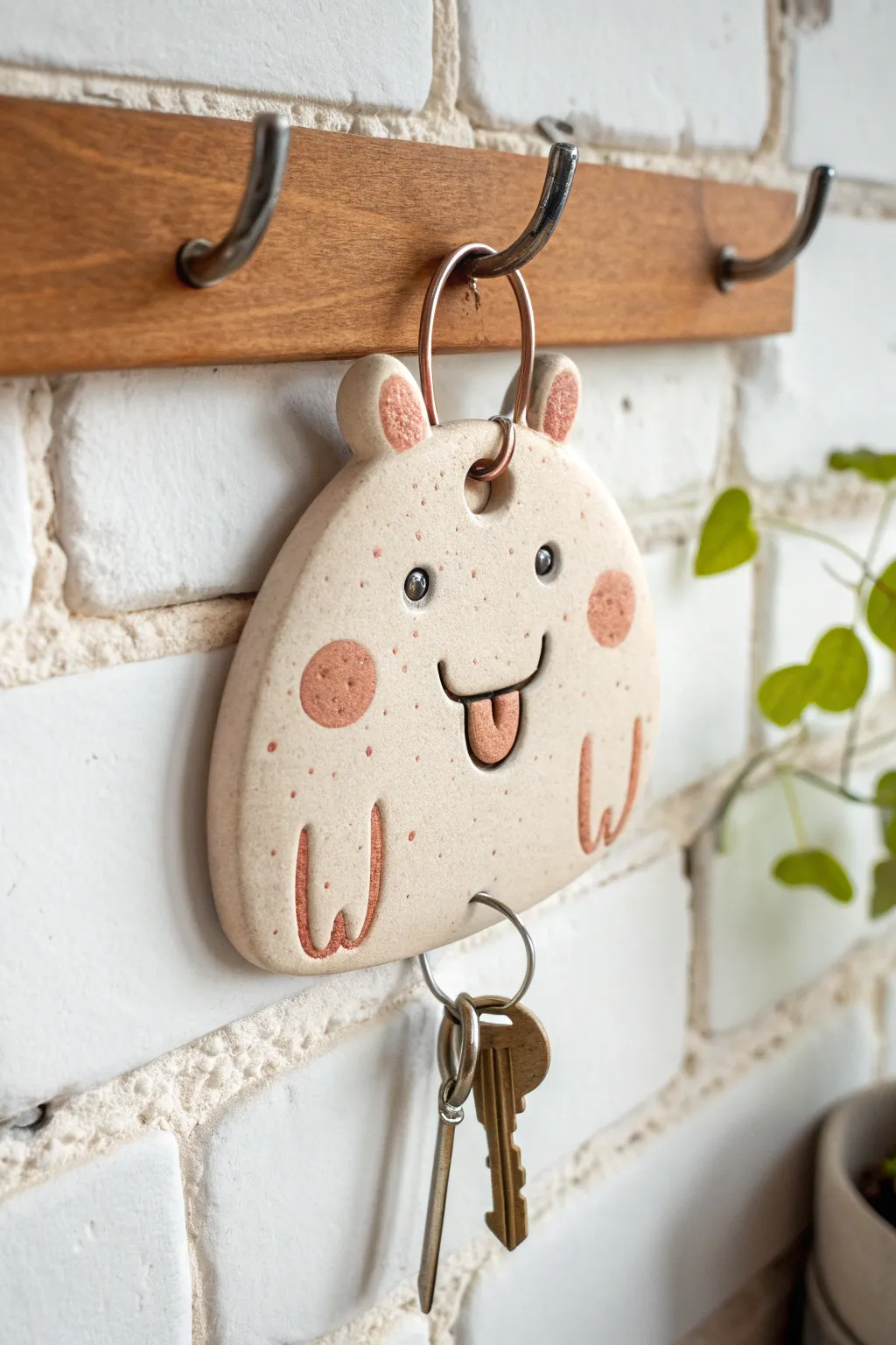 Silly tongue-out clay wall hanger with fang hooks, a playful minimal piece for keys