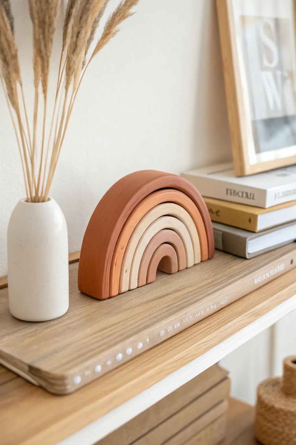 Earthy air dry clay rainbow decor on a shelf, minimalist boho styling and cozy warmth.