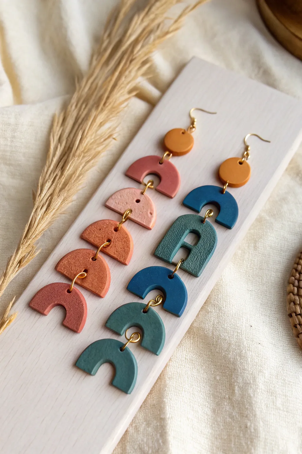 Bold tiny polymer clay earrings in simple shapes, neatly arranged for modern minimalist style