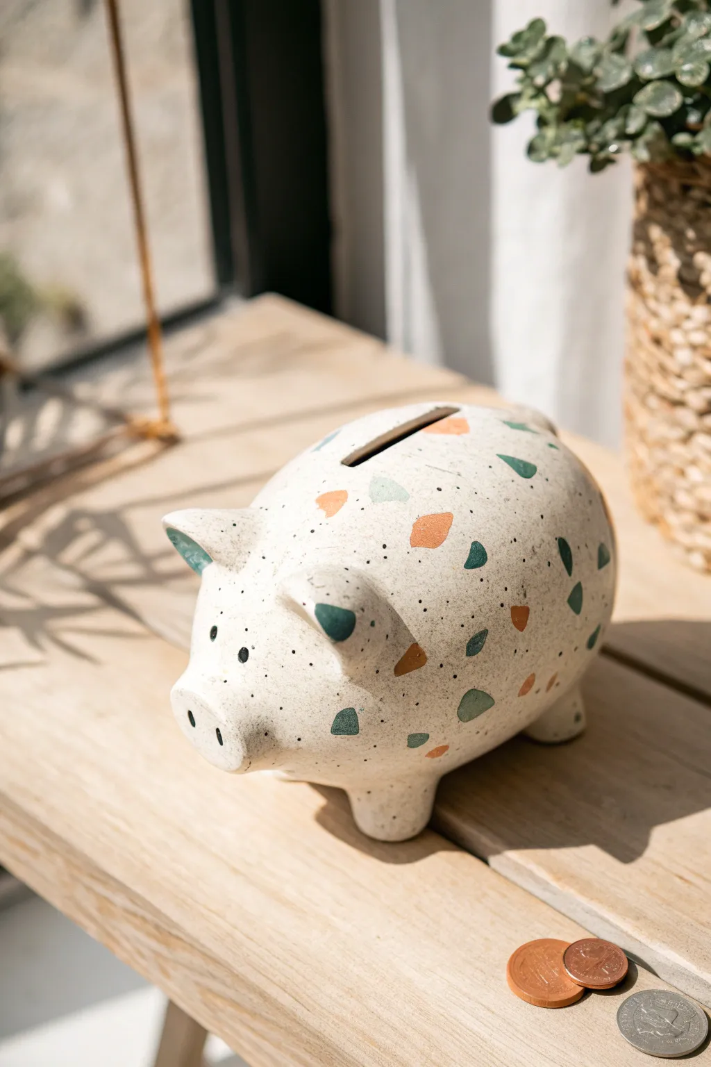Minimal terrazzo-style piggy bank in soft neutrals and pastels for a modern clay decor look