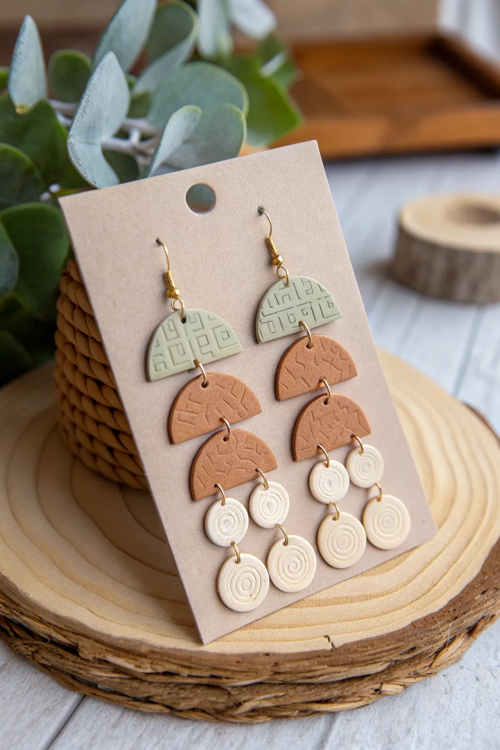 Texture-stamped polymer clay earrings in earthy tones, simple shapes on a clean, modern card.
