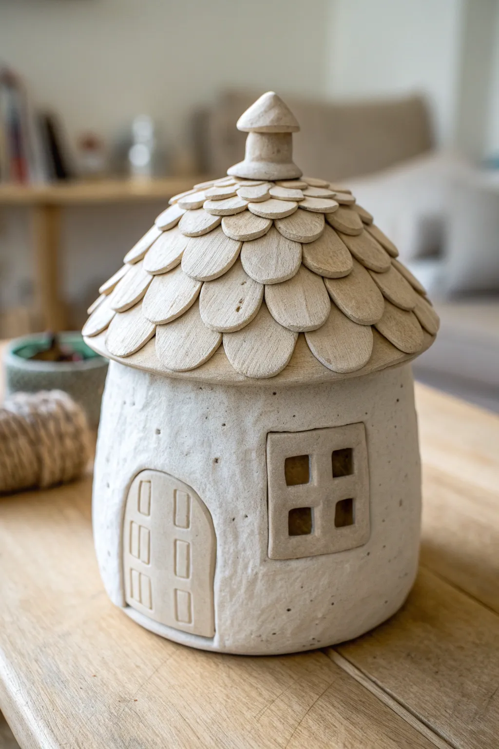 Fairy-house clay jar with layered roof-tile lid in earthy neutrals, simple and enchanting.