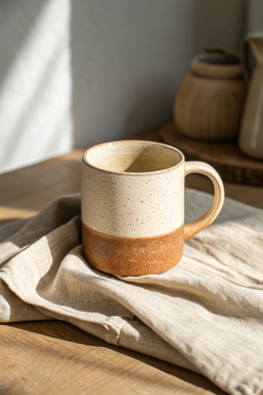 Two-tone slip-dipped mug with a raised band, styled on linen for clean modern contrast