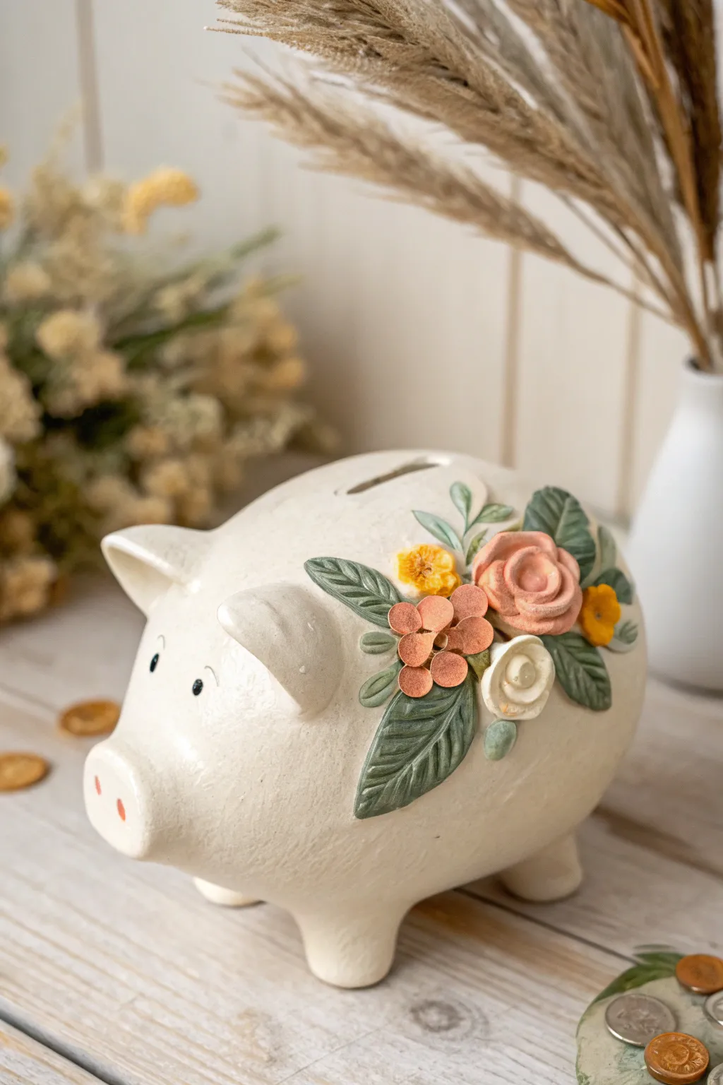 Minimalist floral piggy bank with raised clay blossoms, cheerful glaze, and soft boho styling