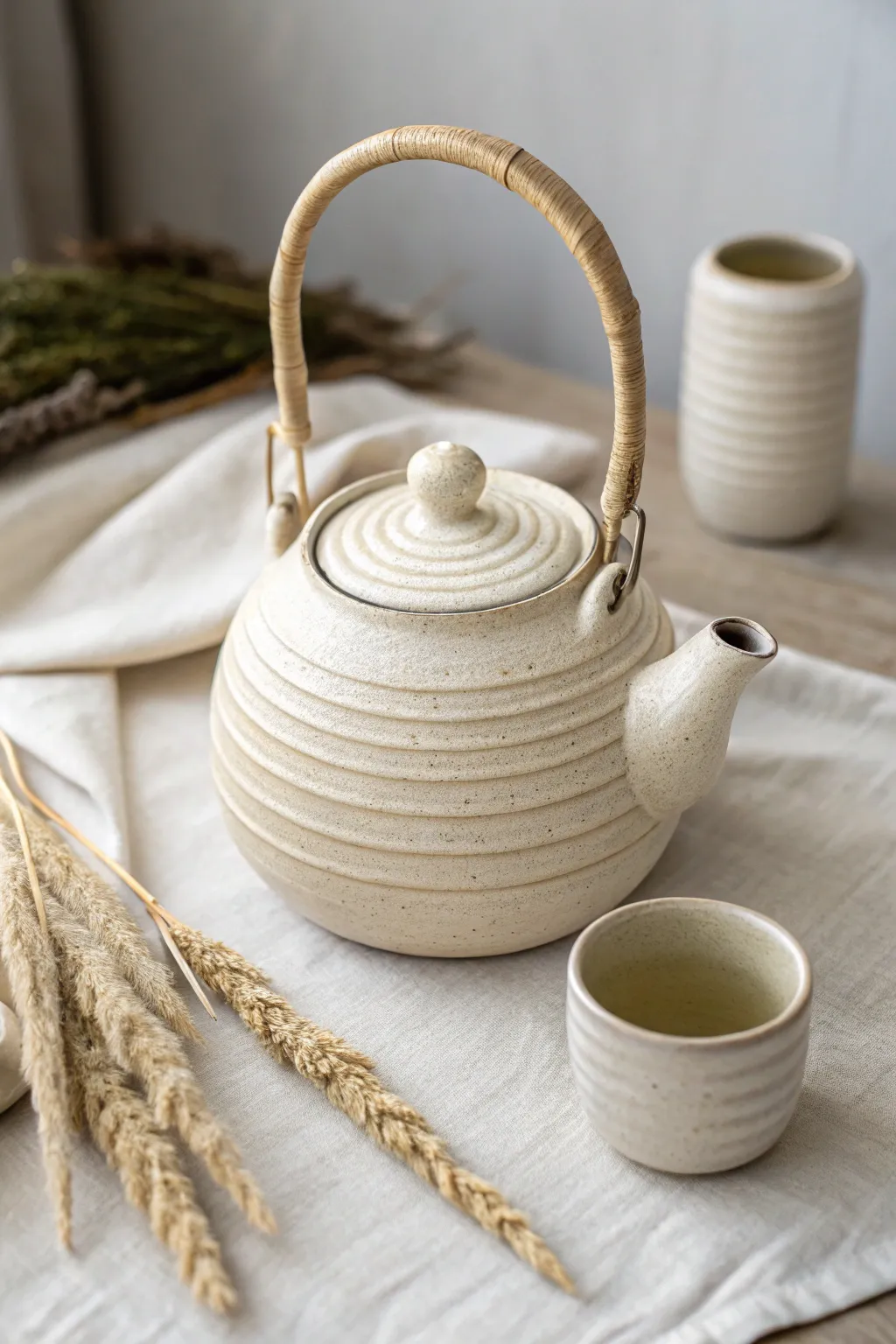 Soft ivory slip-trailed swirl teapot with a simple cup, calm Scandinavian boho charm.