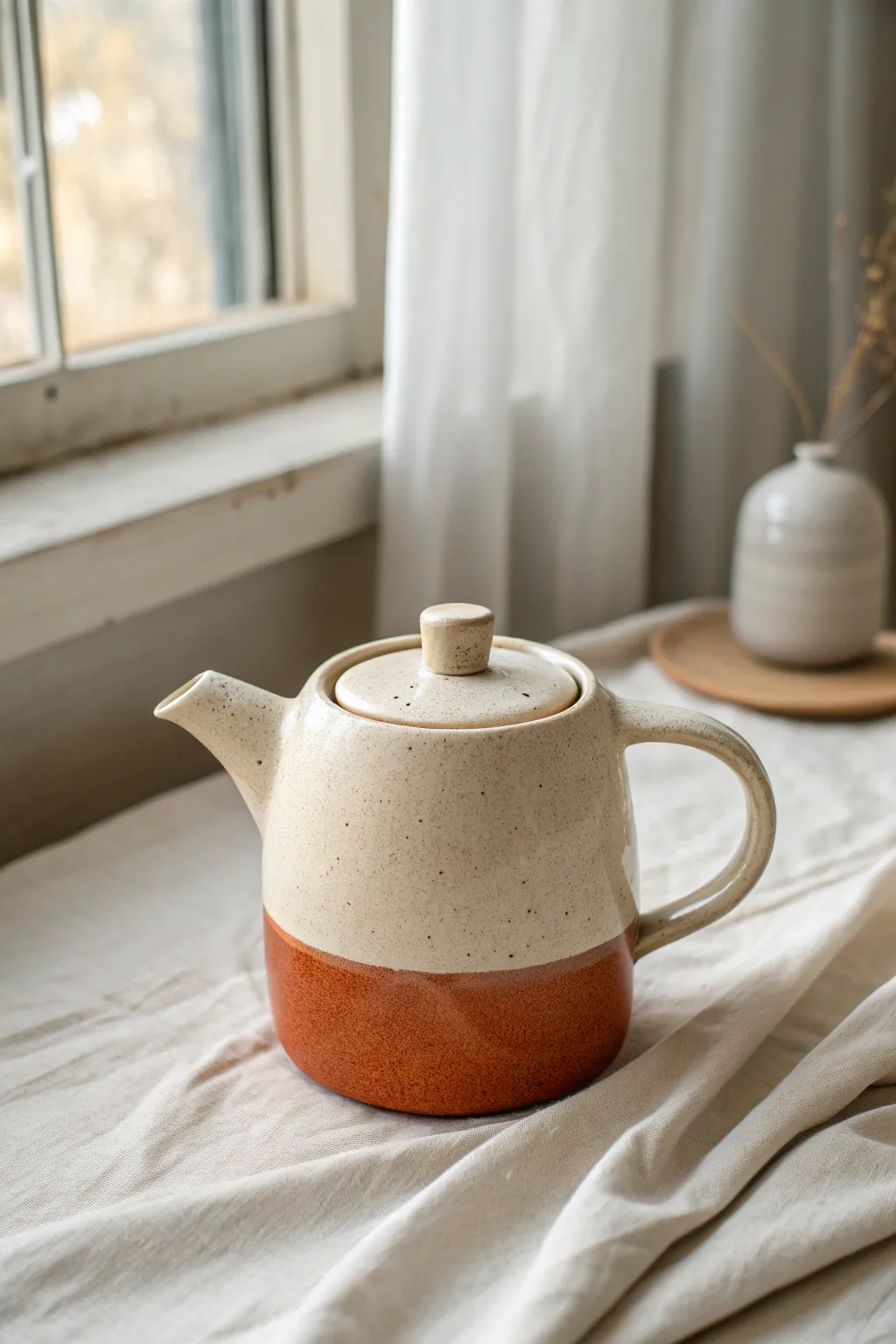 Minimal two-tone dipped glaze teapot with a crisp color-block line and warm, handmade texture.
