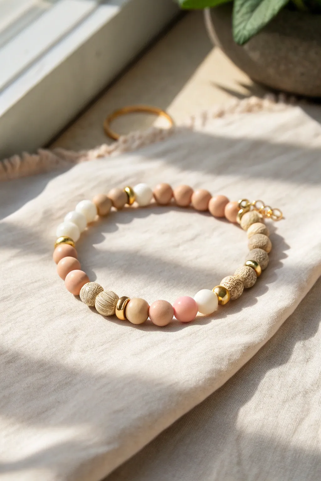 Neutral clay bead bracelet with gold spacers for a clean minimal luxe look.