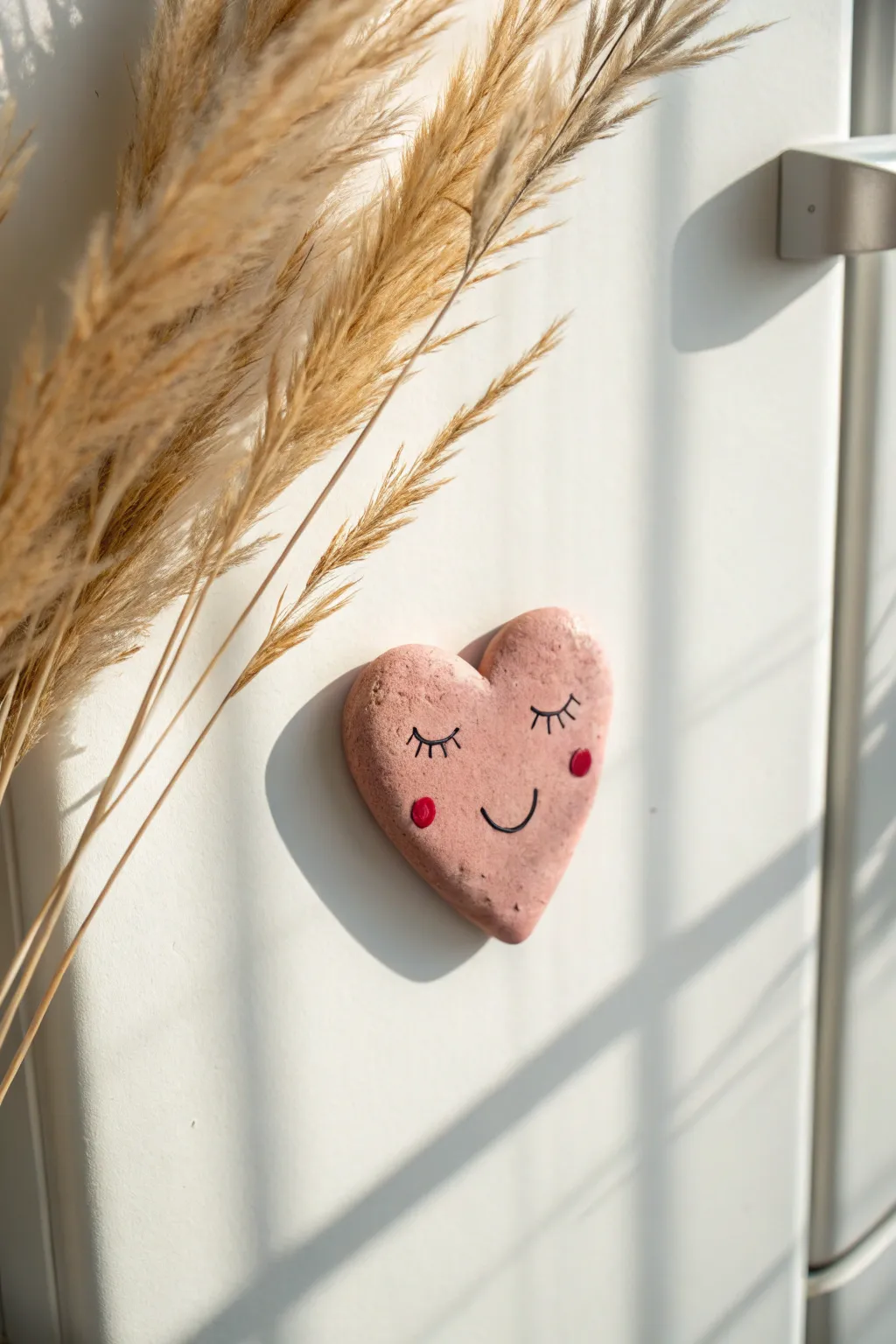 Sweet heart cheek magnet with a happy face, minimal and handmade for a cozy fridge moment