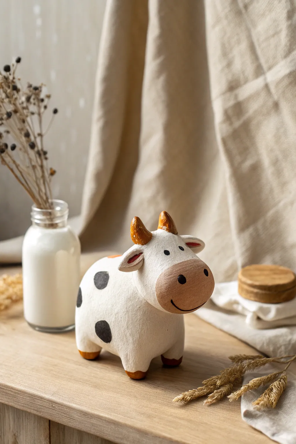 Mini air dry clay cow with simple spots and tiny milk bottle, Scandinavian boho shelf decor.