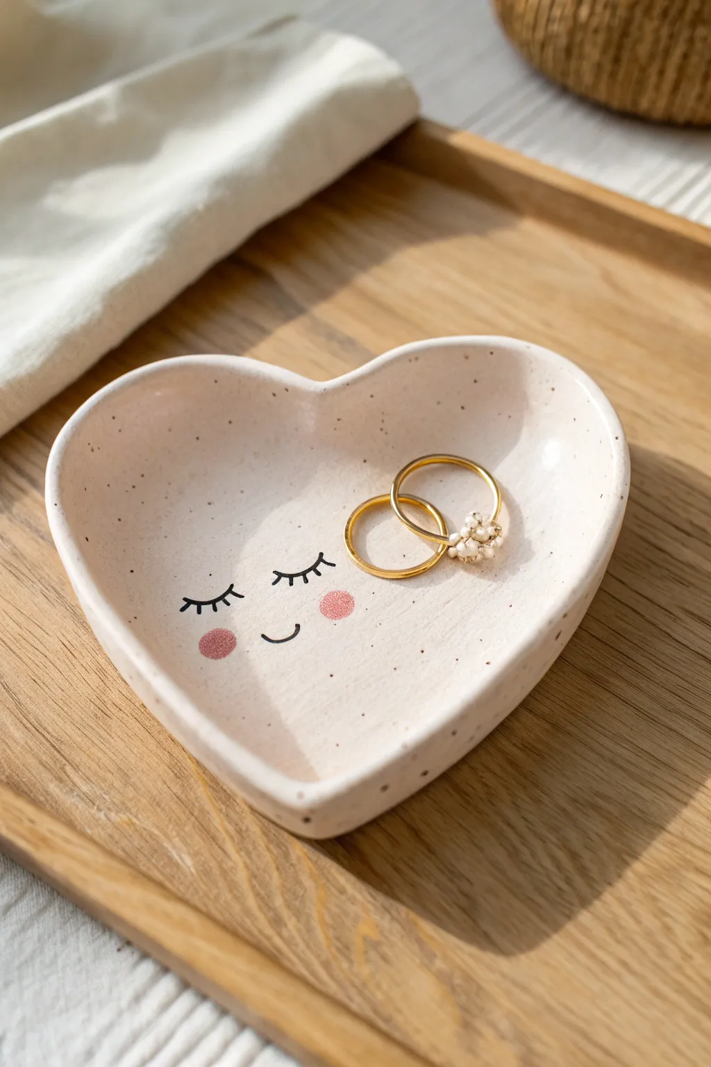 Beginner-friendly heart trinket dish with a sweet face, perfect for holding rings.