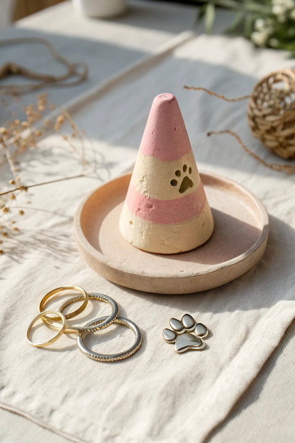 Pastel cat paw ring cone holder in air dry clay, a cute minimalist boho desk accent