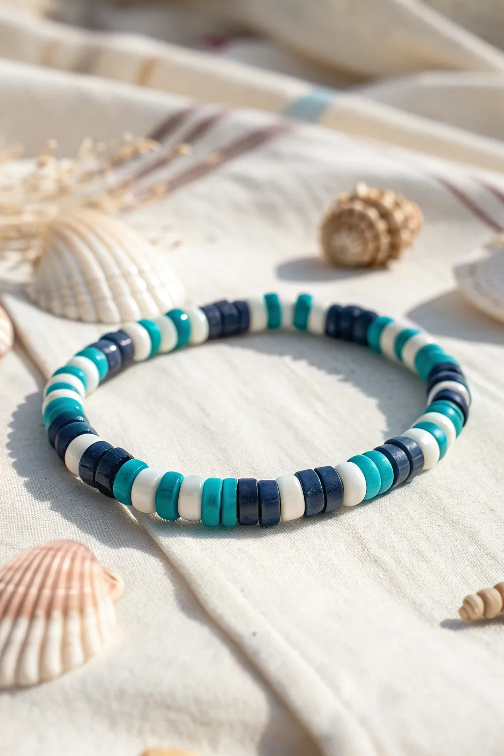 Ocean wave stripes in deep blue, aqua, and white for a cute beachy clay bead bracelet.