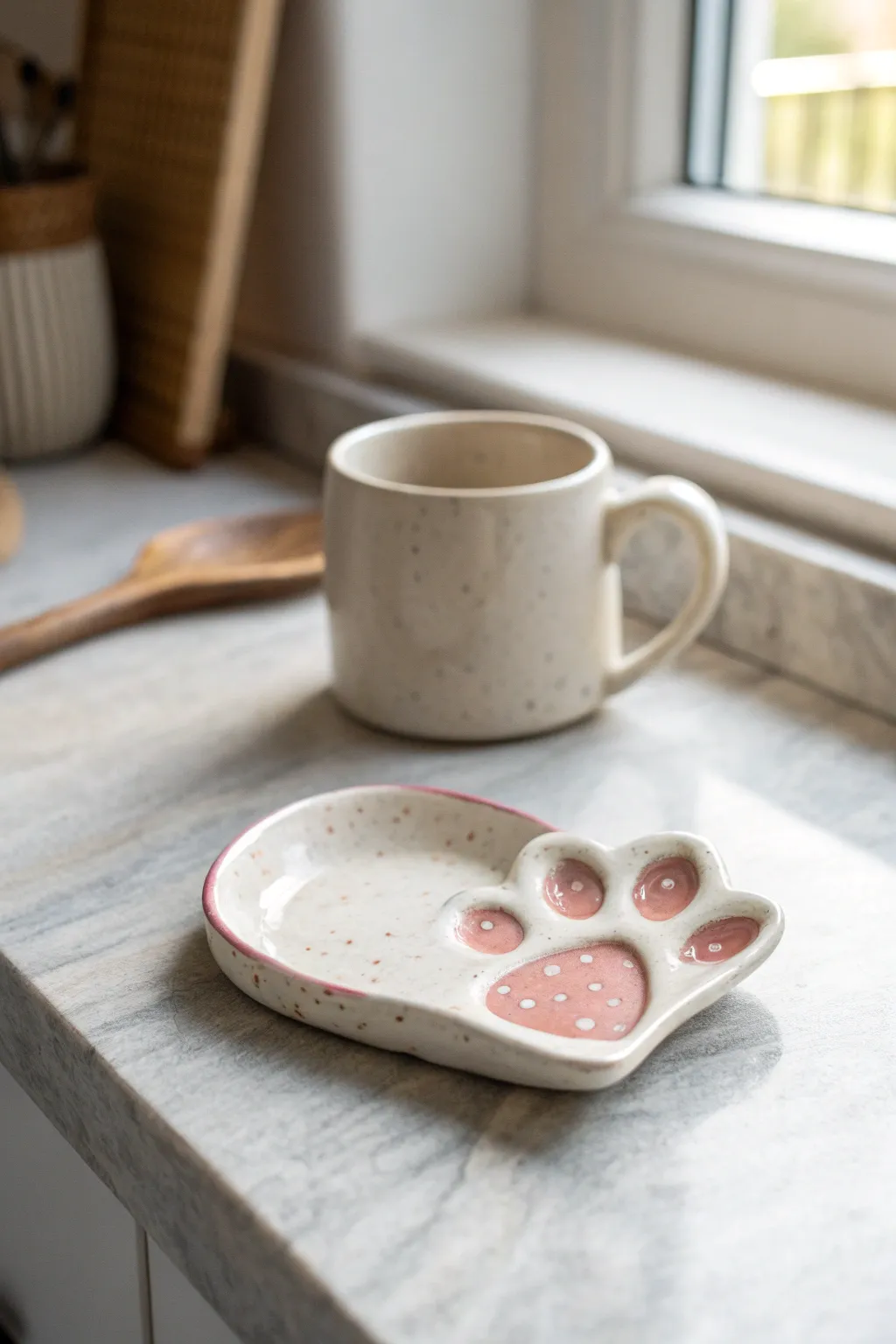 Sweet cat paw spoon rest with blush toe beans, a minimalist ceramic accent for cozy kitchens