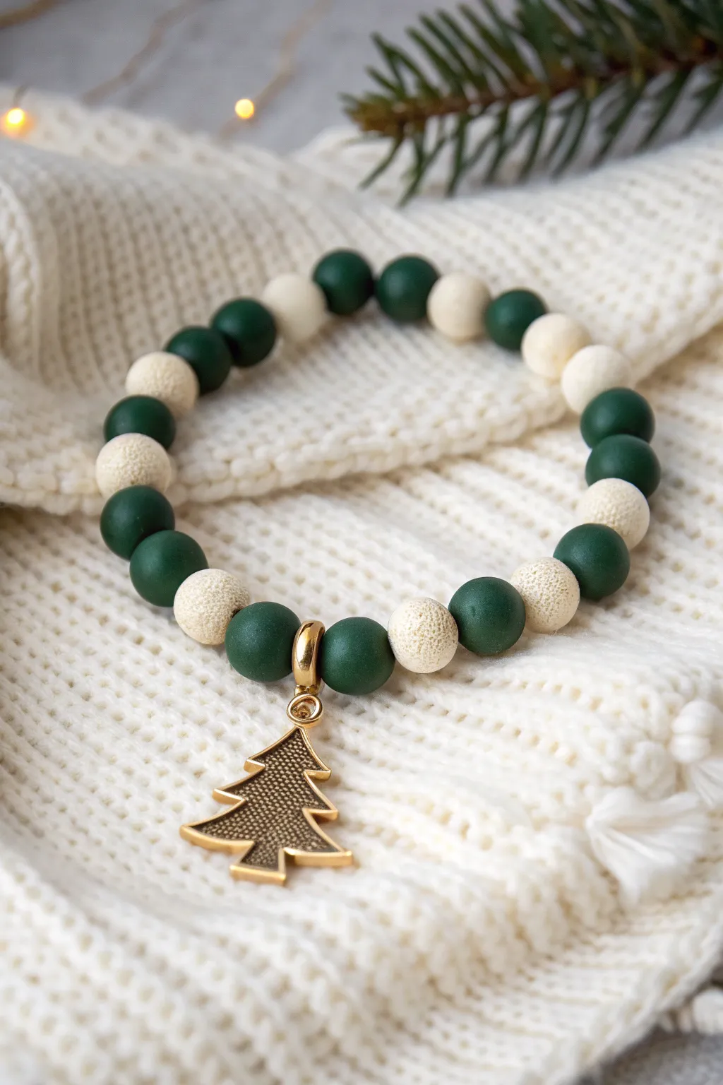 Forest green and white clay bead bracelet with a tiny tree charm on cozy knit texture