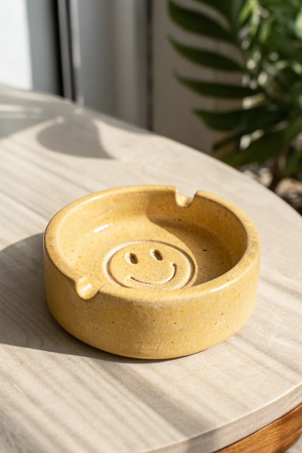 Sunny yellow smiley ashtray with a chunky rim, minimalist and handmade for cozy boho vibes
