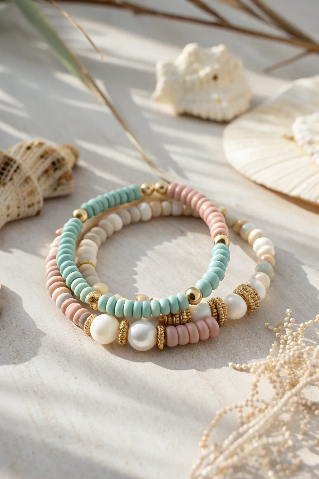 Beachy heishi bracelet stack with pearl accents, glowing like sun sparkles on water.