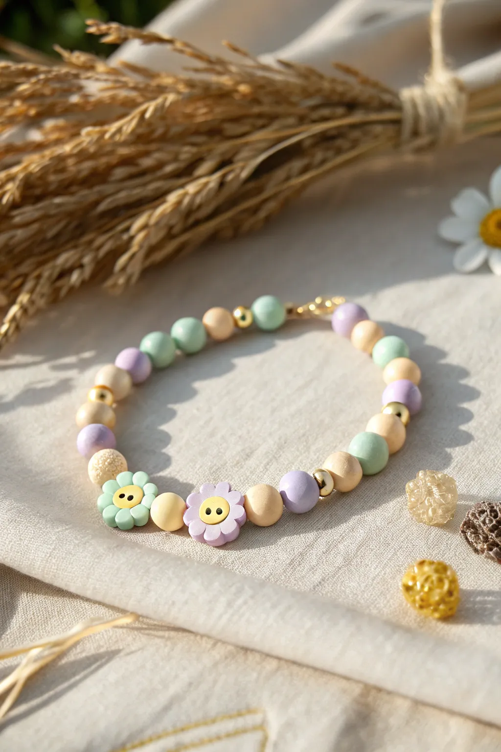 Smiley flower focal bead bracelet in pastel heishi and gold accents, sunlit and minimal.