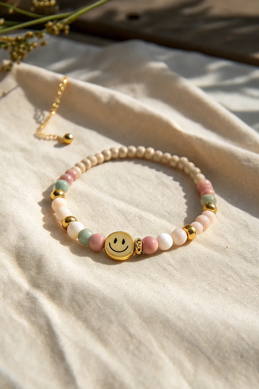 Smiley charm bracelet with pastel Heishi beads and gold spacers, minimal and joyful.