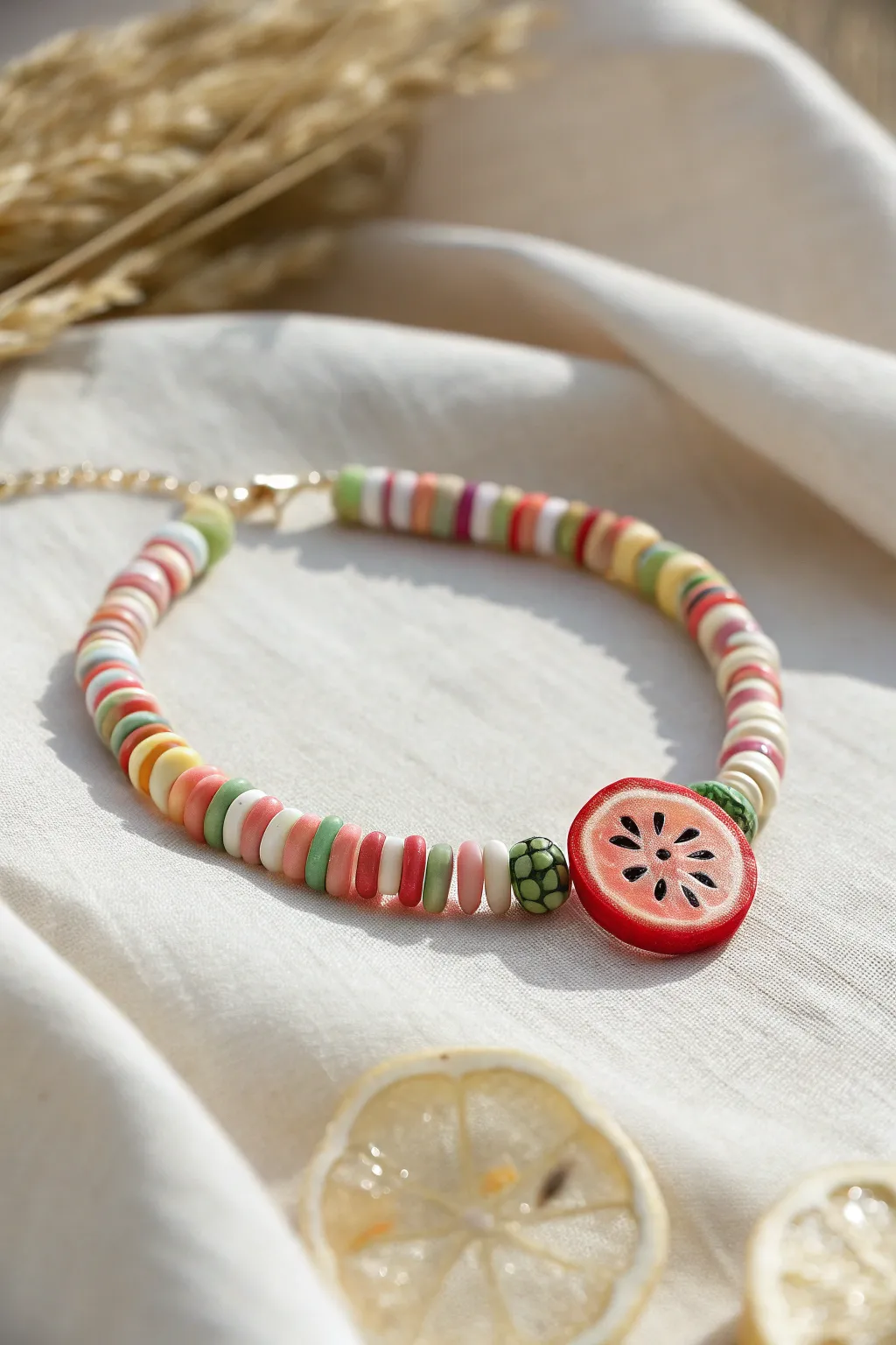 Sweet fruit slice focal bead bracelet with matching heishi stripes, minimalist summer charm.