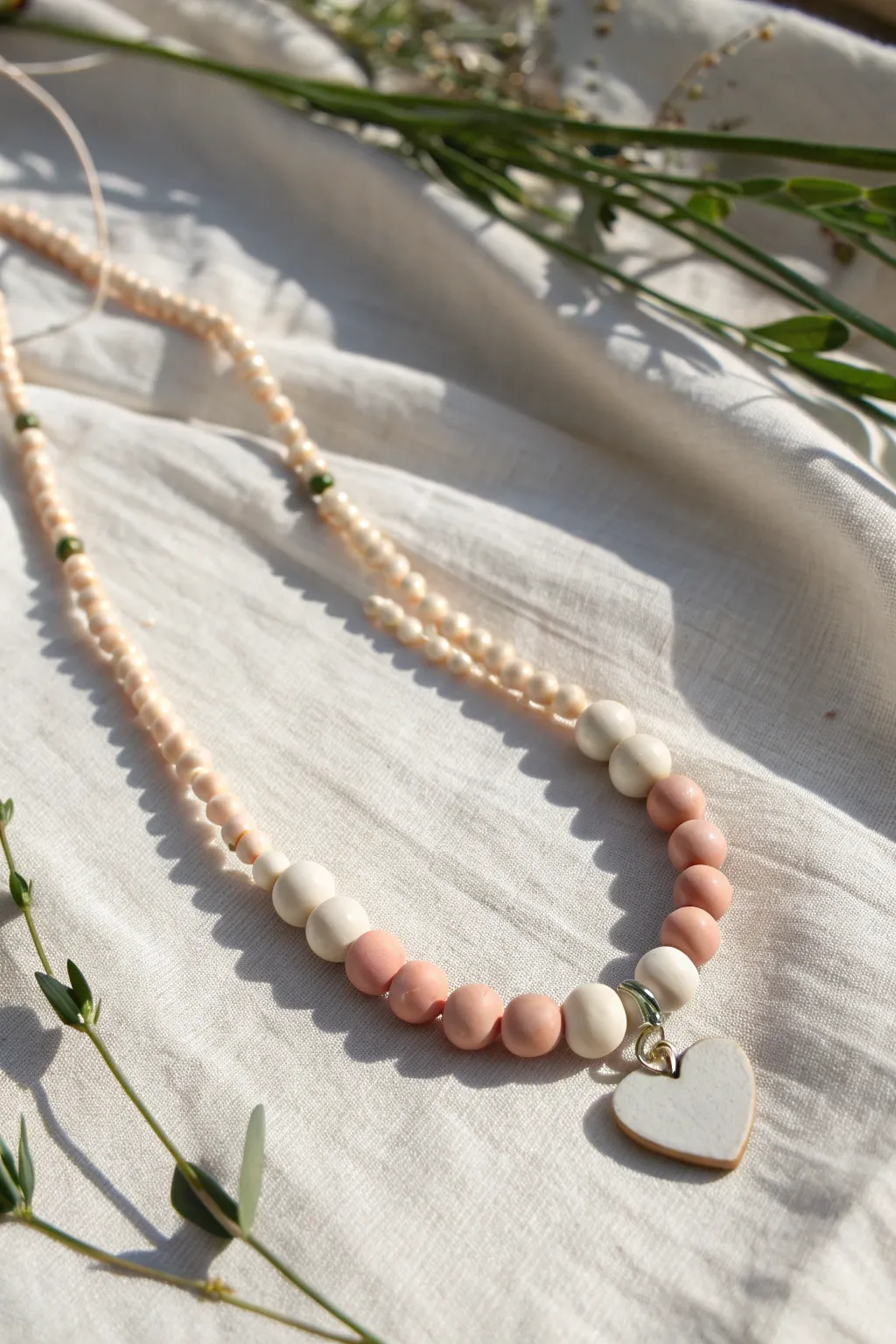 Sweet neutral clay bead necklace with a tiny heart charm, styled on linen for cozy minimal vibes