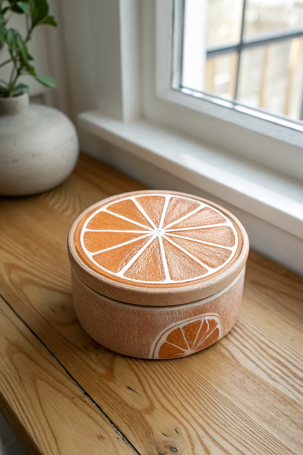Sweet orange-slice clay box with carved segments and peel texture, minimal Scandinavian styling.