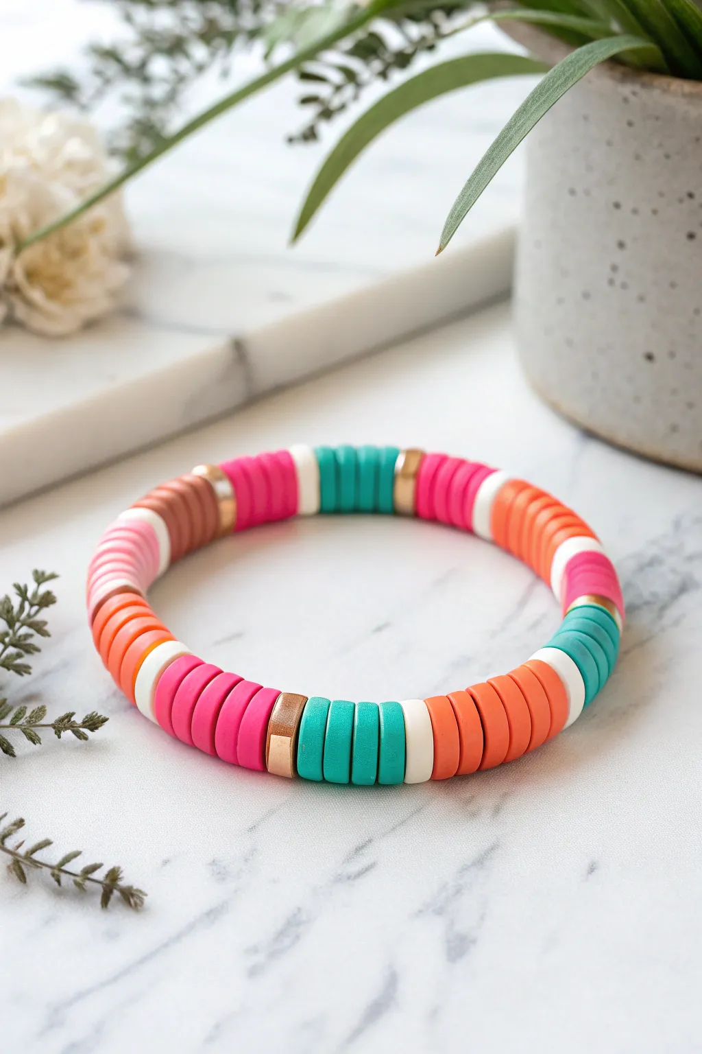 Preppy color block clay bracelet in bold stripes, styled minimal on white marble.