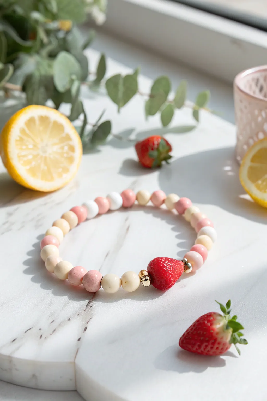 Sweet fruit-slice clay bracelet idea with minimalist discs, perfect for a fresh handmade look.