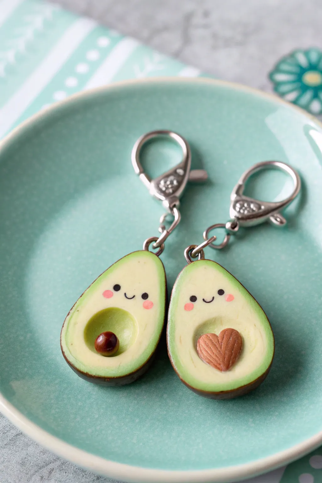 Adorable avocado half charms with blushy faces, perfectly paired on a mint minimalist backdrop.