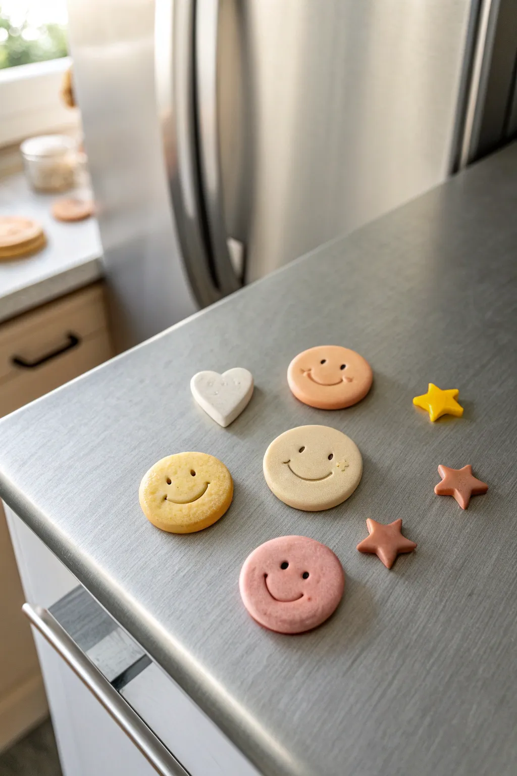 Bright handmade smiley clay magnets add playful charm to a minimalist fridge or locker.