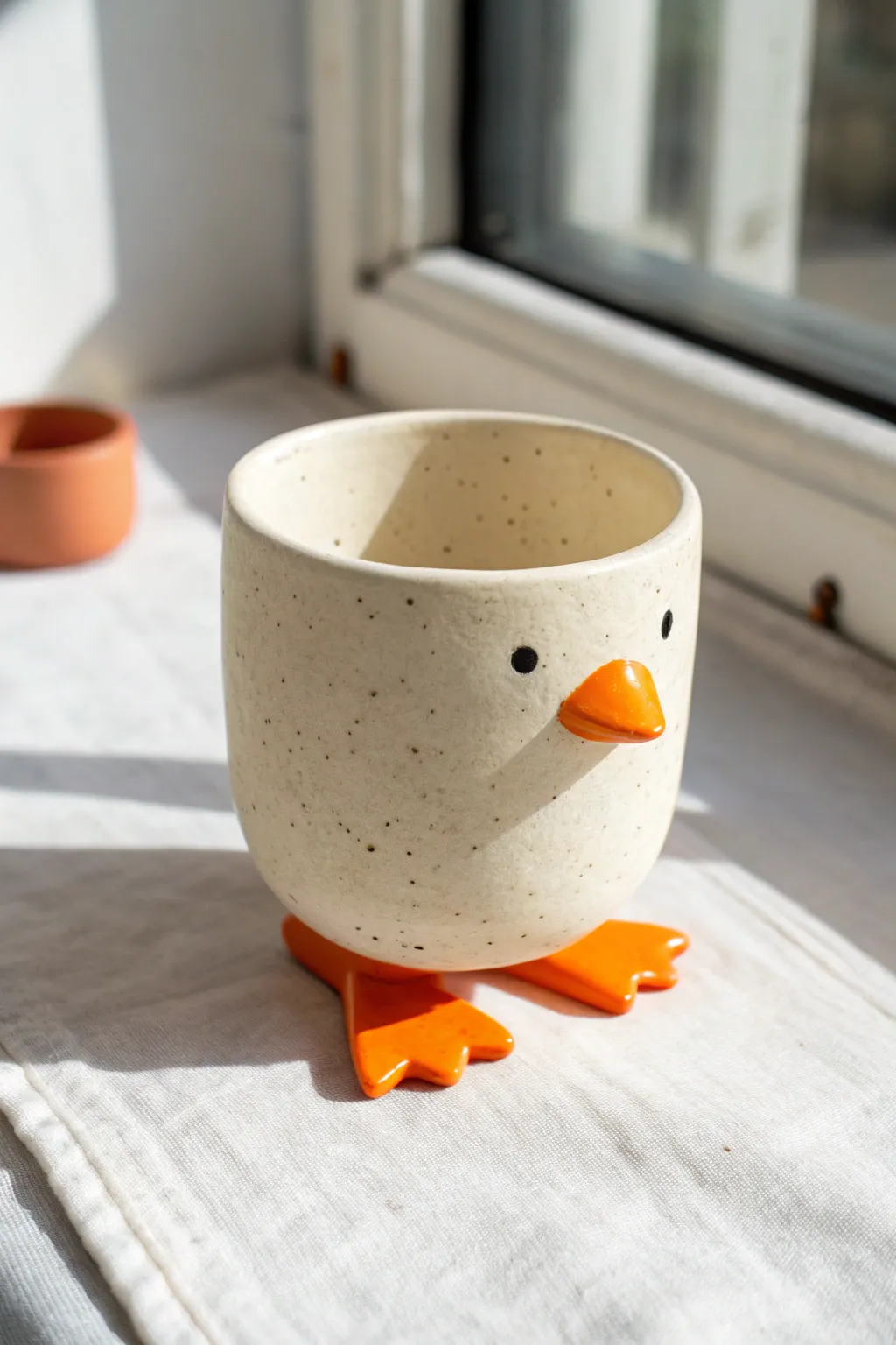 Sweet duck-footed clay cup with bright webbed feet, minimalist style, easy and adorable DIY inspo.
