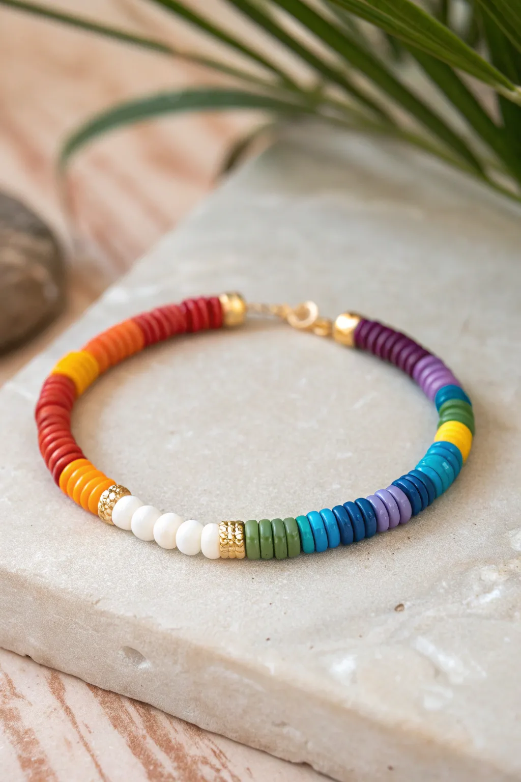 Rainbow-ordered clay bead bracelet with a fresh white break, minimal and bright for everyday wear.