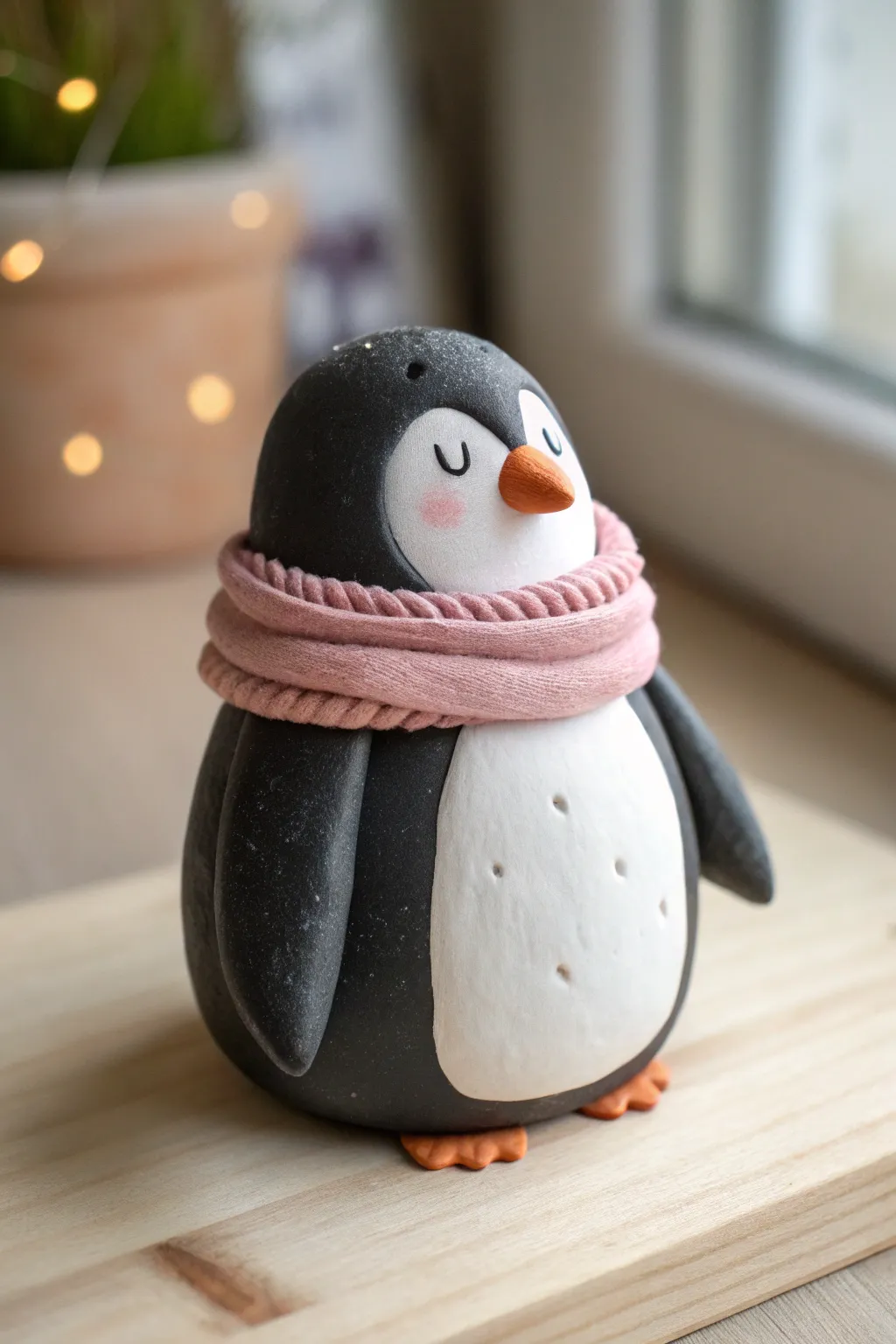 Sweet little penguin clay figure with cozy scarf, minimalist and handmade, perfect beginner idea.