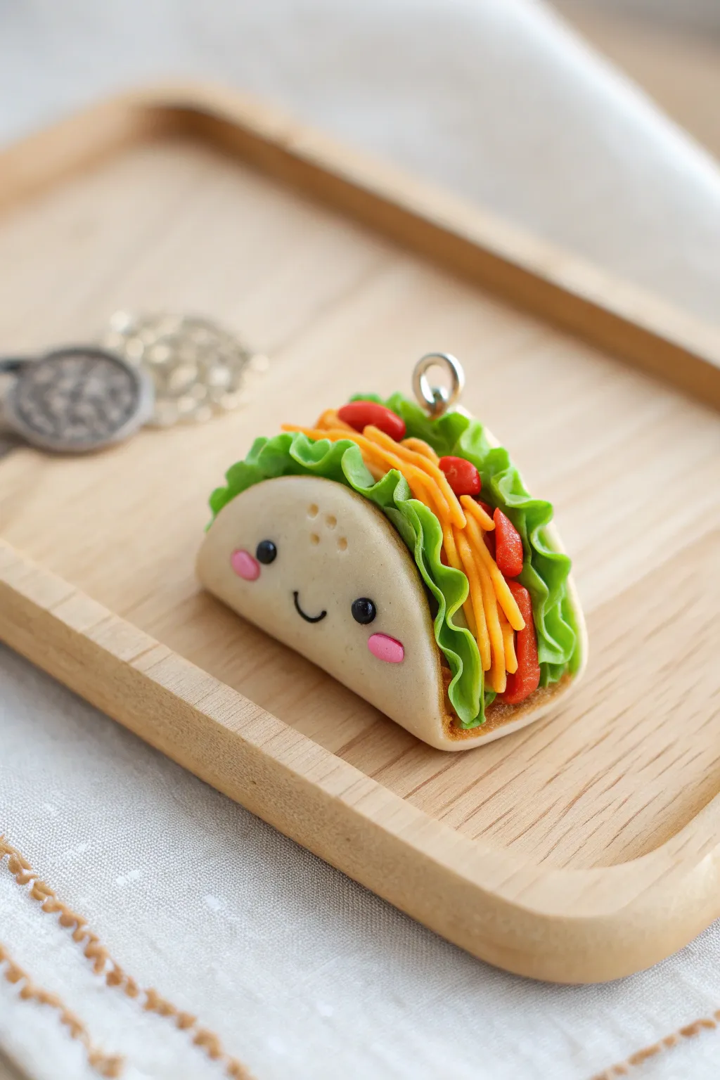 Adorable mini clay taco with bright lettuce, cheese shreds, and salsa in a clean Nordic look.