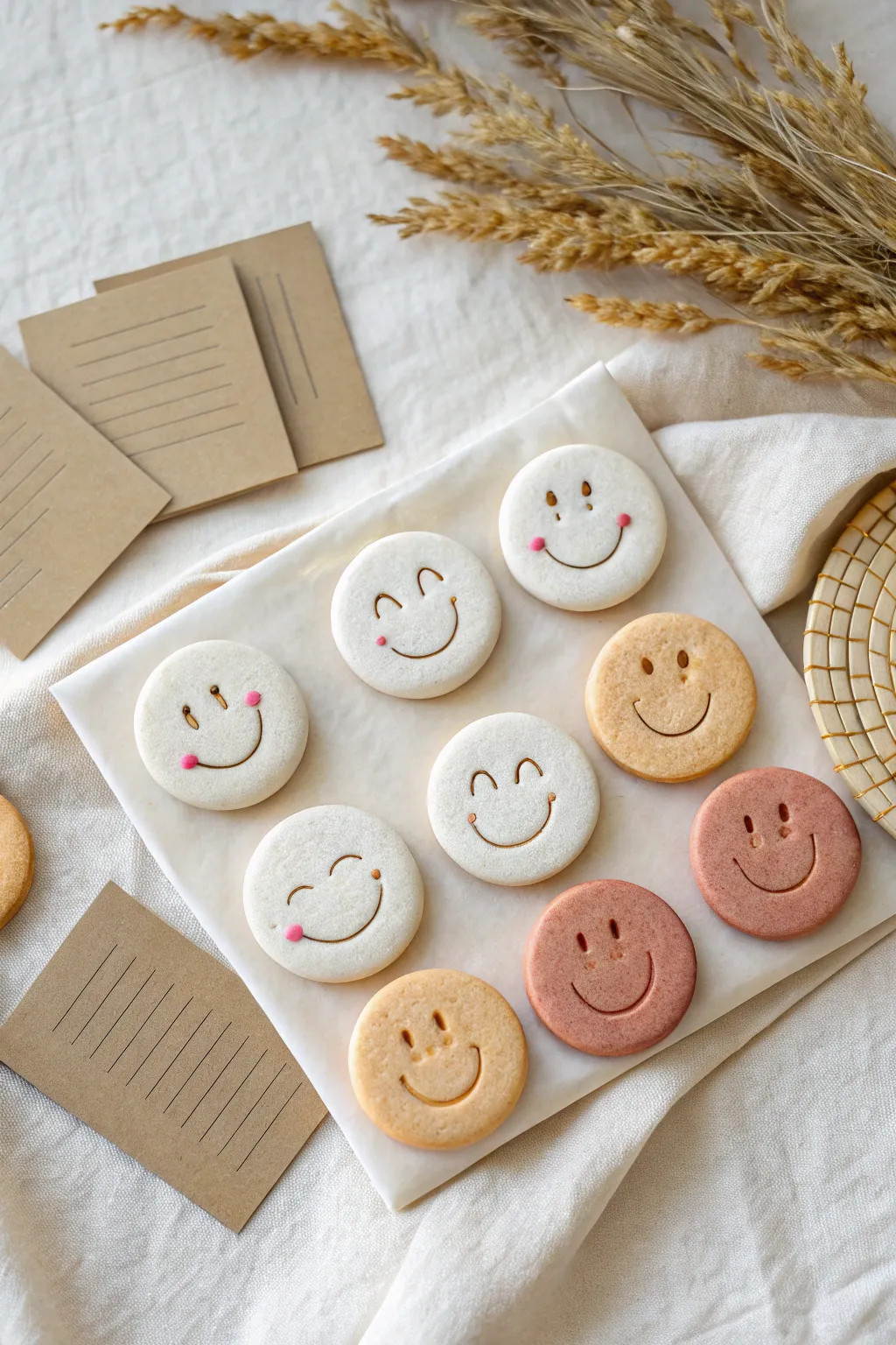 Pastel smiley clay fridge magnets in a clean grid, a cute handmade gift idea for notes and reminders.